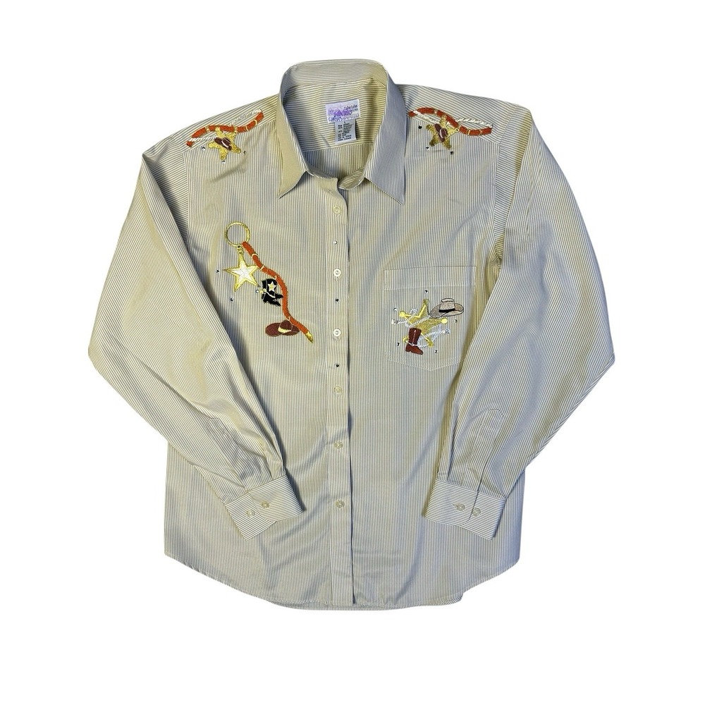 Fabrizio Womens Sz Large Long Sleeve Button Down Shirt Embroidered Western Theme